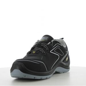 Giày Flow S3 Low góc 3/4 mặt trong, thân nubuck đen, logo ESD vàng, đường phản quang bạc, đế PU/PU xám nhạt