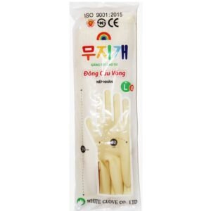 Găng tay cao su Cầu Vồng latex màu vàng dài 39cm đựng trong túi bao bì trong suốt, mặt túi in chữ Hàn và nhãn cỡ L