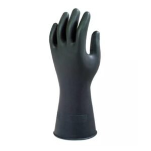 Găng tay chống acid Alphatec 87-118 của Ansell bằng cao su latex màu đen, đeo trên tay dựng đứng, ống cổ loe rộng