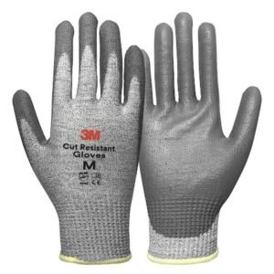 Đôi găng tay chống cắt 3M cấp độ 5 sợi HPPE màu xám, lòng bàn tay phủ PU xám, mu tay in chữ Cut Resistant Gloves cỡ M