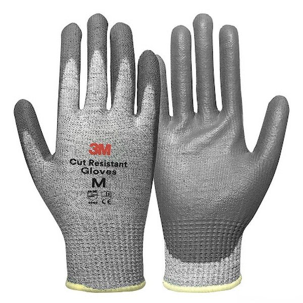 Đôi găng tay chống cắt 3M cấp độ 5 sợi HPPE màu xám, lòng bàn tay phủ PU xám, mu tay in chữ Cut Resistant Gloves cỡ M