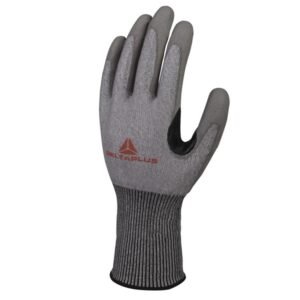 Găng tay chống cắt Delta Plus Venicut42 thân sợi xám muối tiêu, lòng và đầu ngón phủ xám đậm, logo đỏ trên mu, cổ dài
