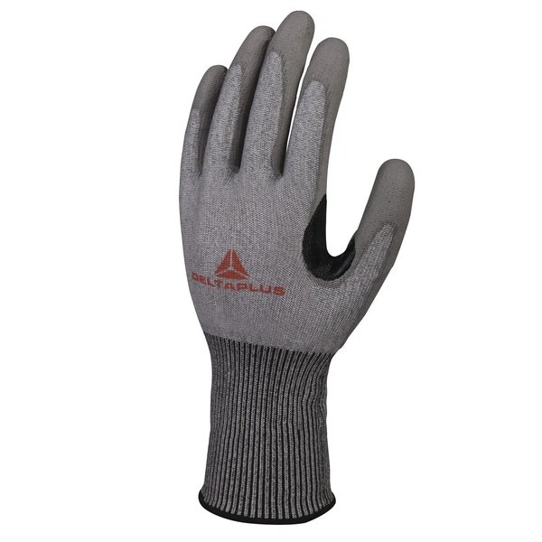 Găng tay chống cắt Delta Plus Venicut42 thân sợi xám muối tiêu, lòng và đầu ngón phủ xám đậm, logo đỏ trên mu, cổ dài