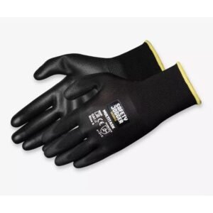 Đôi găng tay Safety Jogger Multitask thân sợi đen, lòng bàn tay và đầu ngón phủ latex đen, cổ bo chun viền vàng, nhãn trên mu