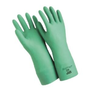 Đôi găng tay chống hóa chất Ansell 37-175 nitrile xanh ngọc đặt chéo nhau, ngón tay dài, mã sản phẩm in trên ống găng