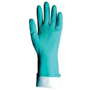 Găng tay chống hóa chất NF1513 cao su nitrile xanh ngọc đeo trên tay dựng đứng, ống găng dài, mép cổ lật viền trắng