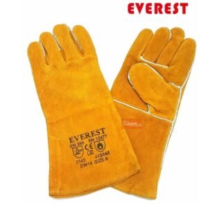 Đôi găng tay da hàn Everest EW14 bằng da bò màu vàng cam, cổ dài, in nhãn tiêu chuẩn trên ống tay, nhìn mặt trước