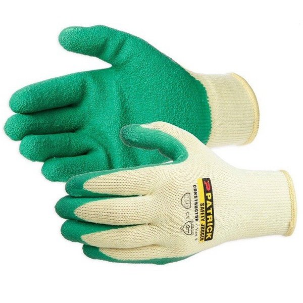 Đôi găng tay Safety Jogger chống cắt độ 2, thân sợi màu kem, lòng và đầu ngón phủ cao su latex xanh lá nhám, cổ bo chun