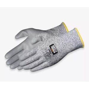 Đôi găng tay Safety Jogger Shield chống cắt độ 5, sợi HPPE dệt muối tiêu xám, lòng và đầu ngón phủ PU xám, viền cổ vàng