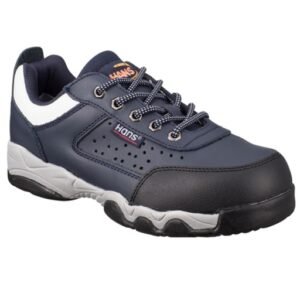 Giày bảo hộ Hans HS-207H1 da bò xanh navy, cổ viền trắng, mũi bọc đen, đế trắng xám dày, nhìn chéo từ phía trước