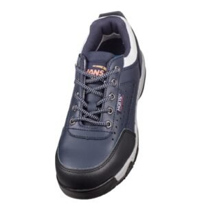 Giày Hans HS-207H1 nhìn từ trên xuống, lưỡi gà xanh có logo Hans, dây buộc xanh navy, mũi bọc đen, cổ lót trắng
