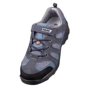 Giày Hans HS-34 nhìn từ trên xuống, quai dán in logo Hans, dây buộc xám, khoen cam, mũi bọc đen, lưới xám xanh