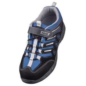 Giày Hans HS-38-2 nhìn từ trên xuống, quai dán có logo Hans trên mu, dây buộc trắng, lưới xanh dương, mũi đen bọc kín