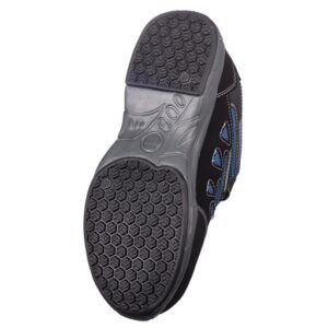 Đế giày bảo hộ Hans HS-38-2 nhìn từ dưới, cao su đen với gai dạng tổ ong nhỏ dày đặc, viền đế xám, chống trơn trượt
