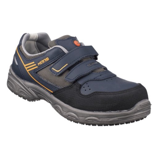 Giày bảo hộ Hans HS-60-NEO xanh navy phối xám, hai quai dán, sọc cam, mũi bọc đen, đế xám, nhìn chéo phía trước