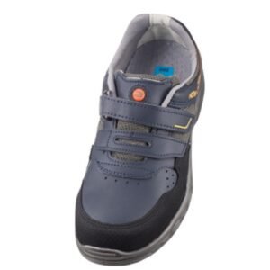 Giày Hans HS-60-NEO nhìn từ trên xuống, hai quai dán xanh navy, nhãn tròn cam, mũi bọc đen tròn, lót cổ xám