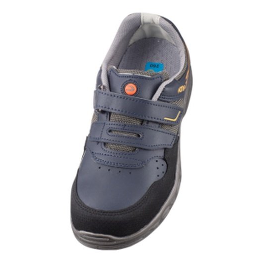 Giày Hans HS-60-NEO nhìn từ trên xuống, hai quai dán xanh navy, nhãn tròn cam, mũi bọc đen tròn, lót cổ xám