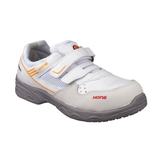 Giày bảo hộ chống tĩnh điện Hans HS-69-SF ESD màu trắng xám, hai quai dán, sọc cam, đế xám, nhìn chéo phía trước