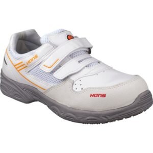 Giày bảo hộ chống tĩnh điện Hans HS-69 nhìn chéo mặt ngoài, thân trắng, lưới ở mu, quai dán, chữ Hans đỏ, đế xám