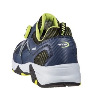 Giày Hans Davinch 4 nhìn chéo từ phía sau, gót xanh navy có logo Hans, lót cổ vàng chanh, đế trắng dày điểm vàng