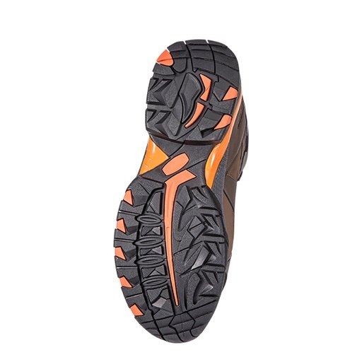 Đế giày Hans HS-78 nhìn từ dưới, cao su đen gai khối lớn, các mảng màu cam ở giữa, rãnh sâu chống trơn trượt