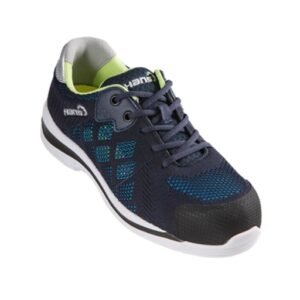 Giày bảo hộ Hans HS-90 Aqua vải dệt xanh navy họa tiết xanh dương, lót cổ vàng chanh, đế trắng, nhìn chéo phía trước