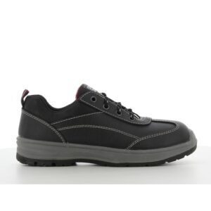 Giày bảo hộ nữ Jogger Bestgirl S3 thấp cổ màu đen, da trơn chỉ may xám, đế PU xám đen, nhìn ngang mặt ngoài