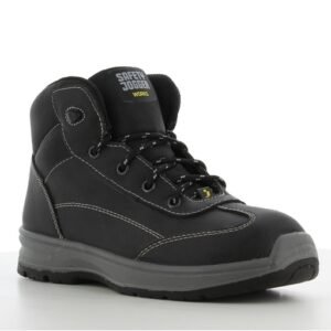 Giày Bestlady S3 cổ cao góc 3/4 phía trước, mũi tròn có mép đế xám bọc, logo Safety Jogger trên lưỡi gà, dây buộc đen