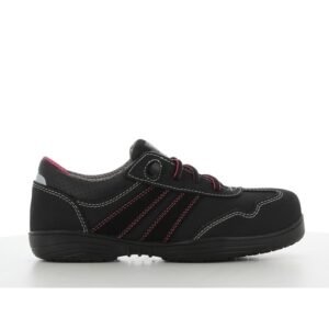 Giày bảo hộ nữ Jogger Ceres S3 thấp cổ màu đen, sọc chỉ hồng đỏ trên thân, dây buộc hồng, đế đen, nhìn ngang mặt ngoài