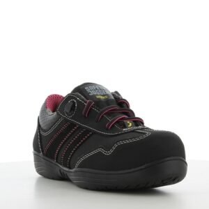 Giày Ceres S3 góc 3/4 phía trước, mũi đen tròn che mũi thép, logo Safety Jogger trên lưỡi gà, dây hồng, sọc chỉ hồng đỏ