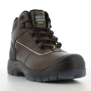 Giày Safety Jogger Mars EH góc 3/4 phía trước, mũi bọc đen chống trầy, logo hãng trên lưỡi gà, da nâu, đế xám xanh