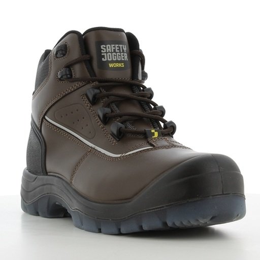 Giày Safety Jogger Mars EH góc 3/4 phía trước, mũi bọc đen chống trầy, logo hãng trên lưỡi gà, da nâu, đế xám xanh