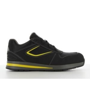Giày bảo hộ Jogger Turbo thấp cổ màu đen, nhìn ngang mặt ngoài, đường vát vàng trên thân, đế xám có sọc vàng dọc mép