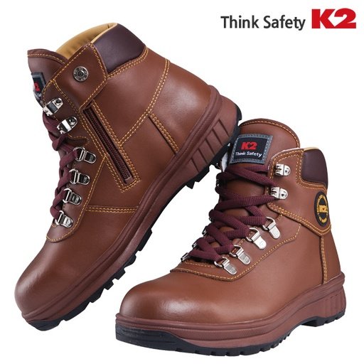 Giày bảo hộ K2-14 cổ cao da nâu nhìn nghiêng, khóa kéo bên hông, dây nâu đỏ, logo K2 Think Safety ở góc ảnh