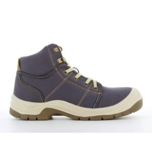 Giày bảo hộ Safety Jogger Desert 011 vải canvas xanh xám, cổ lửng, mũi bọc cao su kem, đế nâu gai lớn, nhìn ngang