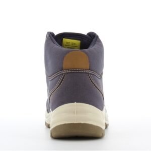 Giày Safety Jogger Desert 011 nhìn từ phía sau, gót canvas xanh xám có miếng da nâu gia cố, quai kéo, đế kem nâu