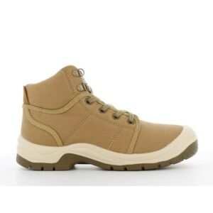 Giày bảo hộ Safety Jogger Desert 043 cổ lửng vải canvas màu be, mũi bọc cao su kem, đế nâu gai lớn, nhìn ngang mặt ngoài