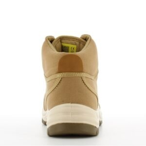 Giày Safety Jogger Desert nhìn từ phía sau, gót vải canvas be có miếng da nâu gia cố, quai kéo, đế cao su kem và nâu