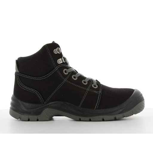 Giày bảo hộ Safety Jogger Desert 117 vải canvas đen, cổ lửng, chỉ may xám, đế xám đen gai lớn, nhìn ngang mặt ngoài