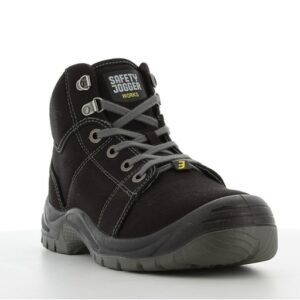 Giày Desert 117 góc 3/4 phía trước, mũi bọc cao su xám đậm, logo Safety Jogger trên lưỡi gà, dây xám, canvas đen