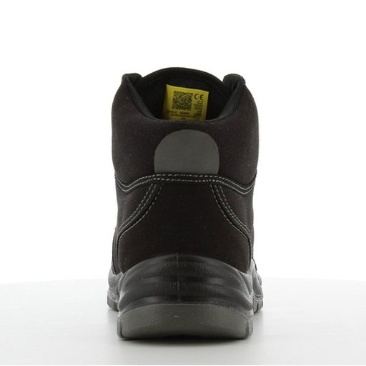 Giày Safety Jogger Desert 117 nhìn từ phía sau, gót canvas đen có miếng gia cố xám, quai kéo vàng, đế đen bản rộng