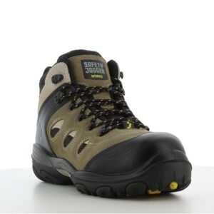 Giày Explore góc 3/4 phía trước, mũi bọc cao su đen dày, logo Safety Jogger trên lưỡi gà, dây đen, da lộn rêu