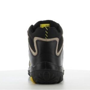 Giày Safety Jogger Explore nhìn từ phía sau, cổ cao viền be, quai kéo vàng, gót bọc đen, đế đen có điểm vàng