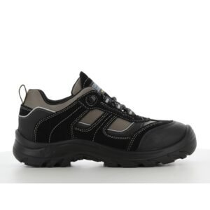 Giày bảo hộ Safety Jogger Jumper thấp cổ màu đen, da lộn đen phối lưới xám, mũi bọc cao su, đế đen gai lớn, nhìn ngang