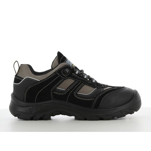 Giày bảo hộ Safety Jogger Jumper thấp cổ màu đen, da lộn đen phối lưới xám, mũi bọc cao su, đế đen gai lớn, nhìn ngang