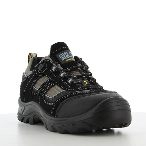 Giày Jumper S3 góc 3/4 phía trước, mũi bọc cao su đen, logo Safety Jogger trên lưỡi gà, dây buộc đen, lưới xám bên hông