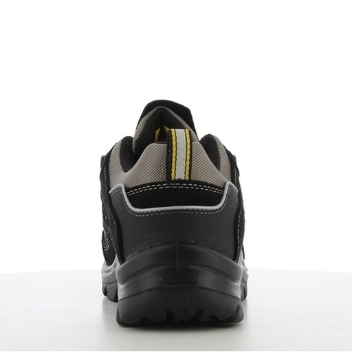 Giày Safety Jogger Jumper – góc nhìn gót sau Giày Safety Jogger Jumper nhìn từ phía sau, gót bọc cao su đen, viền phản quang mảnh, quai kéo sọc vàng, cổ có đệm