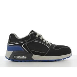 Giày bảo hộ Safety Jogger Raptor kiểu thể thao màu đen phối xanh dương, nhìn ngang mặt ngoài, đế xám có túi khí ở gót