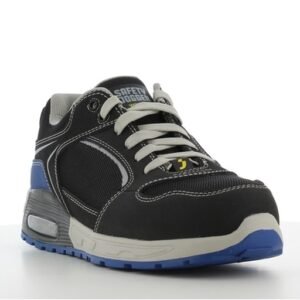Giày Safety Jogger Raptor góc 3/4 phía trước, mũi giày đen bo tròn, dây buộc xám, logo hãng trên lưỡi gà, đế viền xanh