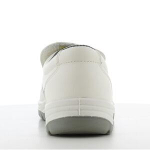 Giày Safety Jogger X0500 trắng nhìn từ phía sau, gót da trơn có đường may dọc, cổ thấp, đế xám bản rộng chống trượt